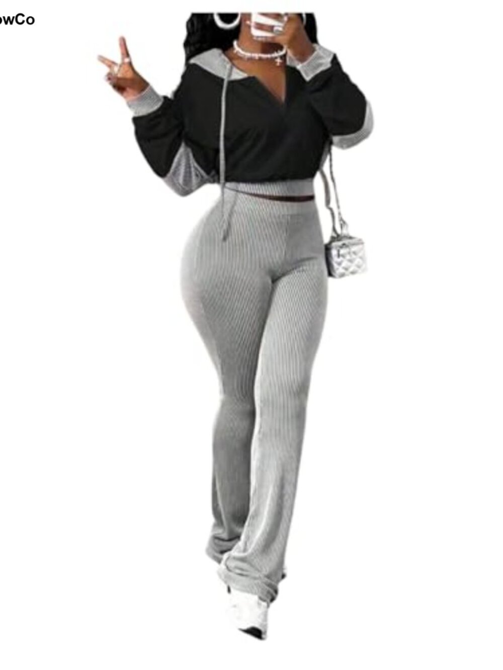 Women's 2 Piece Outfit Drawstring Crop Hoodie & Flared Pants Set
